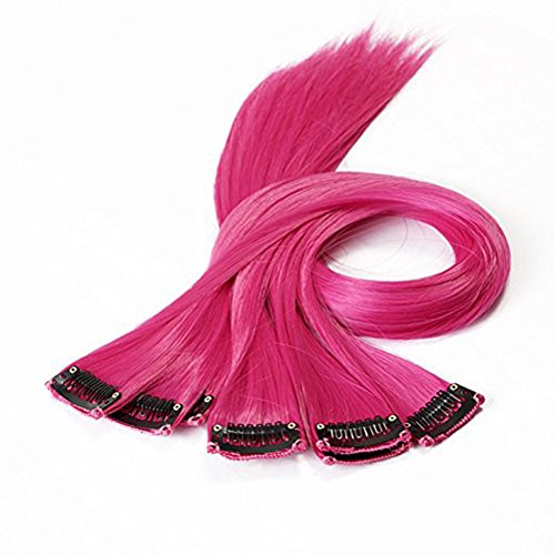 Extensiones de clip rosa rojo con 10 piezas de pelo sintético para un look brillante