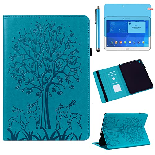 Case for Samsung Galaxy Tab 4 10.1 inch 2014 (SM-T530 T531 T535 T537), PU Leather Soft Silicone Back Cover Card Holder Stand Case, with Stylus Pen,Screen Film (Tree Blue) -  R.SHENGTE, RST202303195