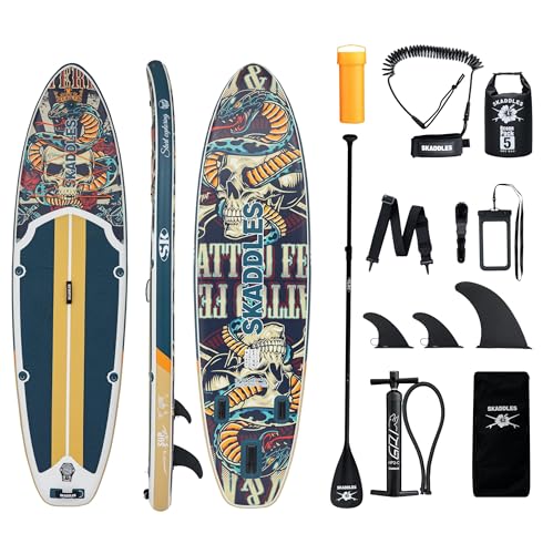 SKADDLES 10’6’’ Portable Inflatable Stand Up Paddle Board (SUP) for Adults and Youth with Non-Slip Deck – Complete Accessories Kit, Perfect for Fishing, Yoga, Fitness & Family Fun (Retro Skullz)