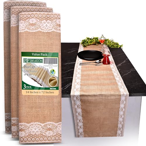 Burlap Lace Table Runner (Pack of 3) – 14”x 72” - No-Fray Finished Edge Natural Table Runner – No Odor, Eco-Friendly Burlap Runner - Perfect for Christmas, Wedding, Thanksgiving