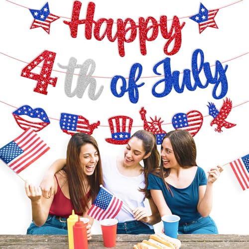 Image of Independence Day Decoration Happy 4th of July Banner | America's Birthday Decor Red White Blue Patriotic USA Memorial Day Decor Armed Forces Day National Day theme Party Supplies