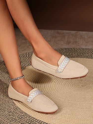 Image of Slip On Knit Loafers for Women Comfortable Casual Women's Square Toe Loafer Flats Driving Work Dress Breathable Knitted Flat Shoes with Pearl Memory Foam