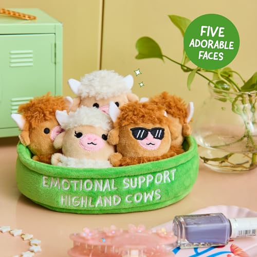 Image of Emotional Support Highland Cows by Relatable, Cuddly Stuffed Animals, Plushies, and Cute Stuff, Great Gift Ideas for Loved Ones of All Ages, Includes 5 Toys with Carrying Basket