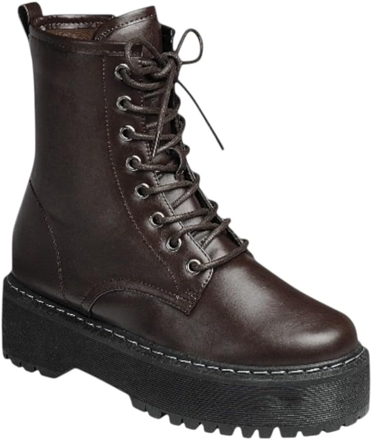 Forever Link Women Chunky Lug Sole Platform Lace up Fashion Combat Ankle Boot Side Zipper Short booties