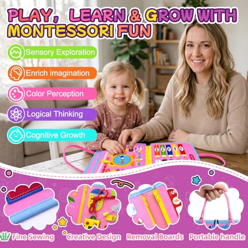 Image of Montessori Busy Board for Toddlers, 8 Pages 30+ Activities Sensory Toy, Toddler Learning Toys, Fine Motor Skills Travel Toy, Preschool Educational Quiet Book Gift for Boys Girls, Pink Mermaid