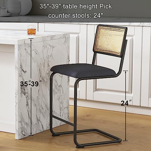 Modern Counter Height Bar Stools Set Of 2 With Natural Rattan Cane And Solid Wood Backs, Boucle Fabric Upholstery With Metal Chrome Legs Mid Century Bar Chairs (Black, 2Pcs-24'' Counter Height Stool) #TOP6