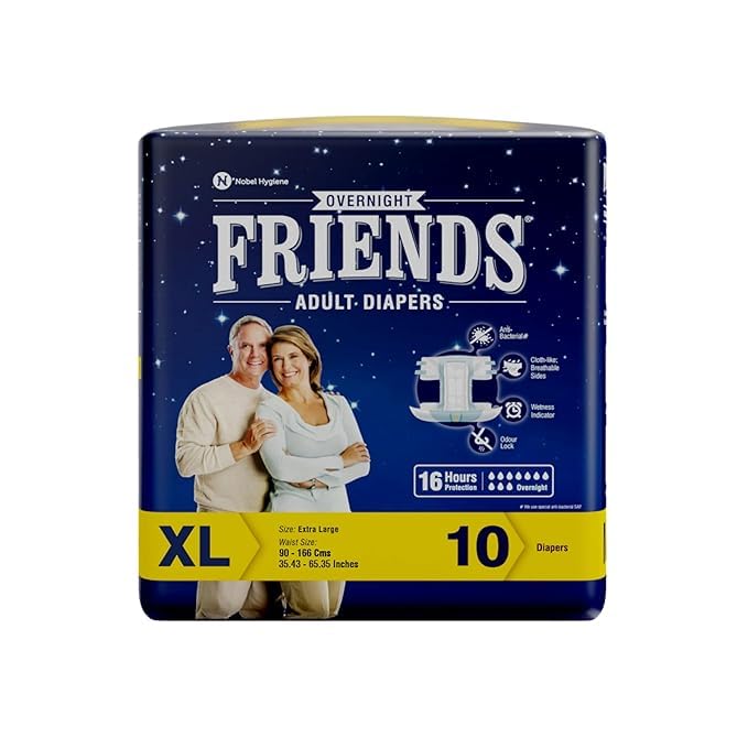 Friends Overnight Unisex Adult Diapers Tape Style-10 Count/Pack (Xtra Large) With Odour Lock And Anti-Bacterial Absorbent Core- Waist Size 121.92-172.72Cm ; 46-68 Inches(Pack 1, 10 Count)