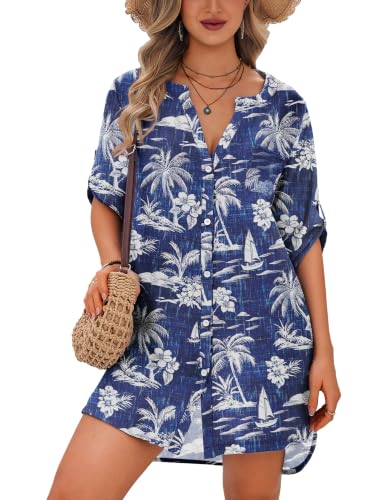 Image of Ekouaer Bathing Suit Cover Up for Women V Neck Button Down Swimsuit Coverup Beach Dress Shirt S-3XL
