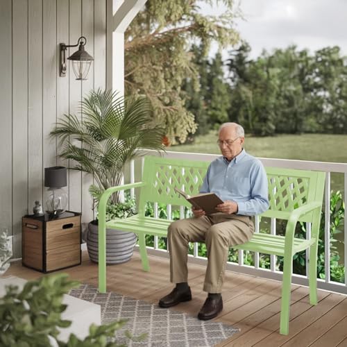 Image of VINGLI 47'' Outdoor Bench, Weather Resistant Garden Patio Bench Powder Coated Iron Frame w /PVC Mesh Backrest Slatted Seat, 2-Person Outdoor Furniture for Front Porch Entryway Park (Green)