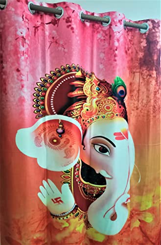 Image of 3D Digital Printed Heavy Fabric Shri Ganesha God Design Curtains for Pooja Room, Temple, Home, 4x9 feet, Set of 1 Pc