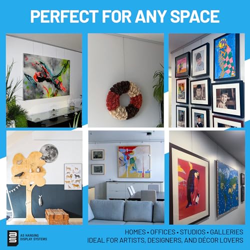 Image of AS Hanging 8ft Gallery & Picture Rail System Set (2x4ft Rails) Matte Silver Aluminum & 4 Steel Wires | 40lb Max Load per Cable | Wall Hanging Hardware for Home & Office