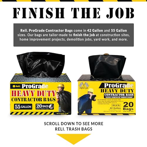 Image of Reli. ProGrade Contractor Trash Bags 55 Gallon | 40 Bags w /Ties | Heavy Duty | 2 Mil | Black | Construction