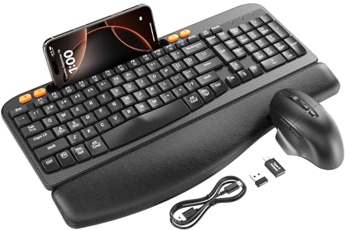 Wireless Keyboard and Mouse Combo, Ergonomic Wave Keys, Cushioned Plam Rest, Rechargeable, Phone...
