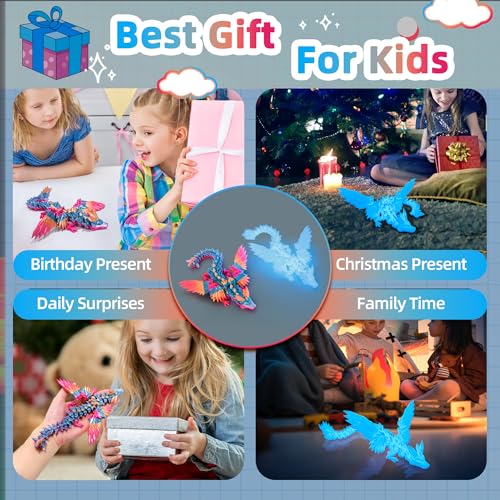 Image of 2 Pack 3D Printed Dragon with Wings - 9 inch Flying Dragon, Flexible Articulated Winged Animal, Office Desk Pet Toy, Home Decor, Easter Basket Stuffers (Candy Rainbow+ Glow Blue)