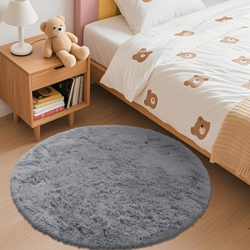 OLANLY Light Grey Round Rugs for Bedroom - Machine Washable, 3 ft Circle Area Rugs for Living Room, Soft and Fluffy Shaggy Carpet for Teen Girls and Boys, Nursery Rooms, Dorms, Home Decor Aesthetic