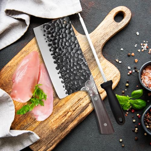 Image of Machado Forging Serbian Chef Knife Set - 12 inch Full Tang High Carbon Clad Steel Butcher Cleaver with Knife Sharpener - Perfect for Vegetables, Fish, Meat - Ideal for Kitchen, Hotel, Restaurant