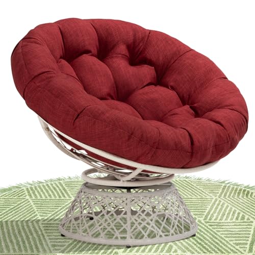 Image of Bme Ergonomic Wicker Papasan Chair with Soft Thick Density Fabric Cushion, High Capacity Steel Frame, 360 Degree Swivel for Living, Bedroom, Reading Room, Lounge, Cherry Sangria - White Base