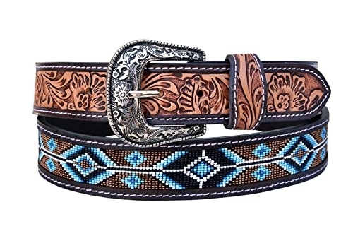 Western Floral Tooled Belt - Genuine Leather Beaded Belt For Men and Women 30AB006
