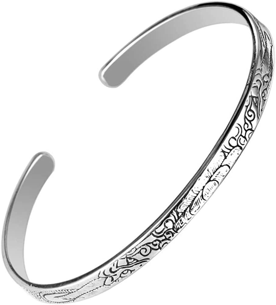 Bracciale Personalizzato, Gioielli da Donna in Stile retrò Cinese in Argento Sterling 925 con Incisione a Fiori Bracciale a Polsino Aperto