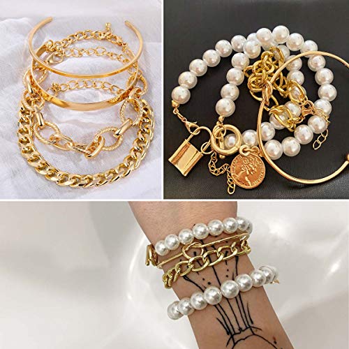 Image of 17IF 18-25 PCS(6 Pack) Boho Gold Silver Stackable Bracelets Set for Women | Chunky Dainty Bangles Adjustable Chain Flat Cuff Cuban Punk Charm Bundle Jewelry
