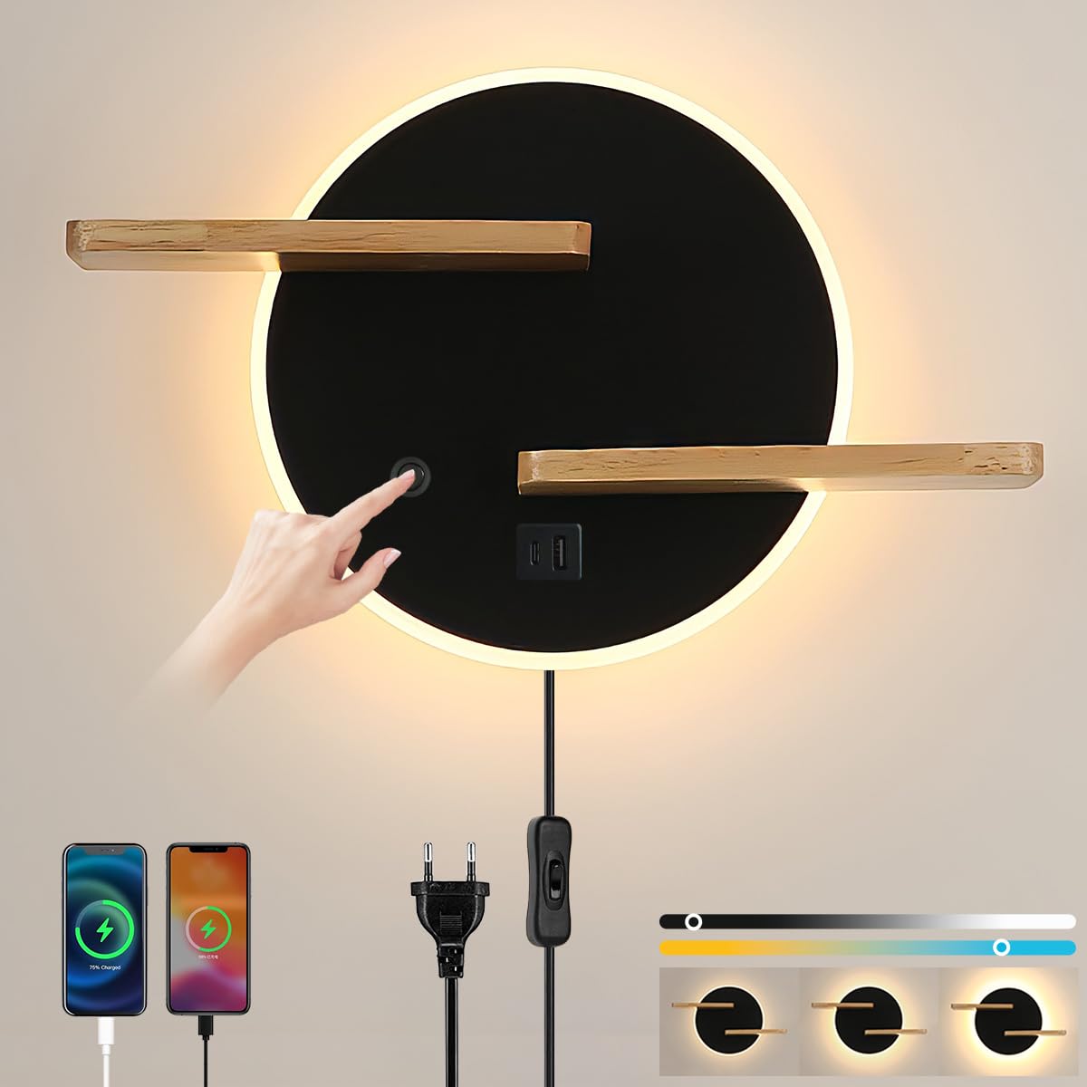 KZT Wandleuchte Innen Nachttischlampe Dimmbar Touch Schalter LED Wandlampe mit Kabel USB + TYPE C Ladeanschluss Wandbeleuchtung Schlafzimmer Bettlampe Leselicht für Schlafzimmer Wohnzimmer Hotel