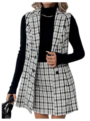 Floerns Women's 2 Piece Outfit Workwear Plaid Print Lapel Neck Vest Blazer and Skirt Set