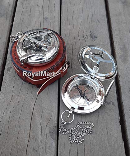 Brújula de latón Royalmart con reloj de sol, mecanismo de botón de presión y grabado vintage estilo steampunk miniatura 6
