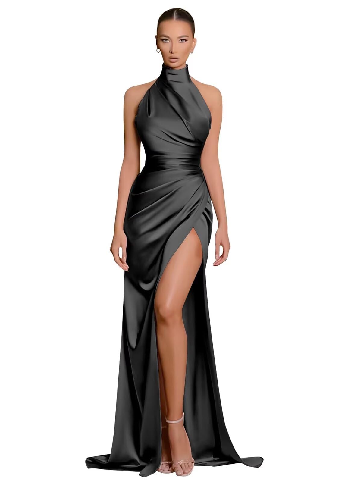 Clothfun Women's Halter Satin Bridesmaid Dresses Long Mermaid Prom Dress for Women Formal Gown with Slit