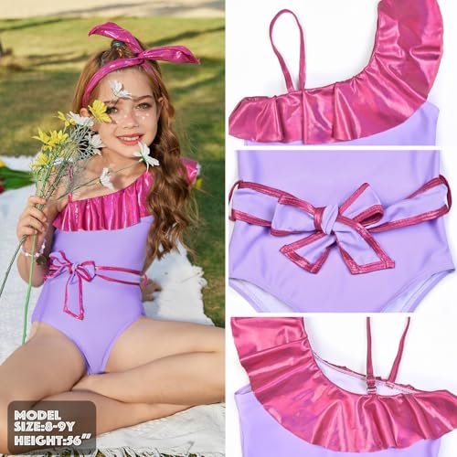 Image of Jxstar Girls One Piece Swimsuit Metallic Ruffle Bathing Suit One Shoulder Swimwear with Decorative Waist Tie & Headband