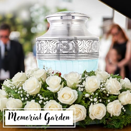 Image of ALPHA Living HOME Cremation Urns for Human Ashes Adult - Handcrafted Aluminum Memorial Funeral Urn with Silver Engraving, Decorative Burial Urn with Secure Screw Lid, (Sky Blue & Silver)
