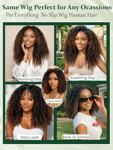 Image of KLAIYI Ombre Brown Burmese Curly Pre Cut 7x5 Lace Front Wigs Human Hair 18 inch | Bye Bye Slip Glueless Drawstring Wig Finger Coil End Black to Chestnut Brown Pre Plucked Bleached Knots Ready to Wear Go Wig