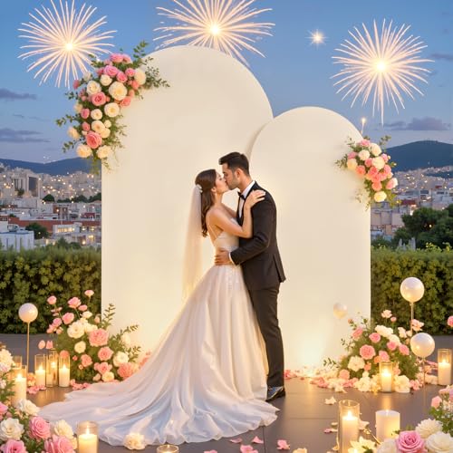 Image of White and Beige Arch Backdrop Cover for Wedding, 7.2FT 6FT Set of 2 Stretchy Spandex Fitted Arch Stand Cover for Baby Shower, Birthday Party Decor, Chiara Backdrop Cover with Double-Sided Design