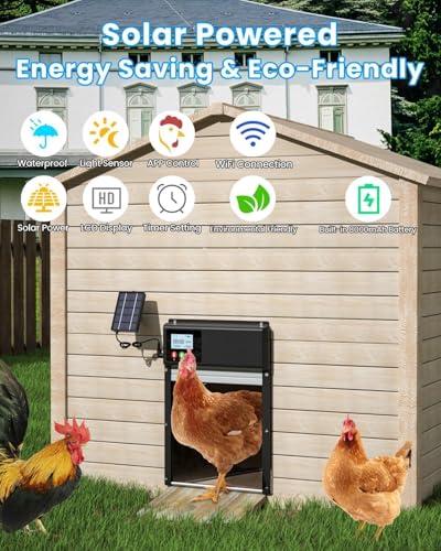 Verbesserte 3in1 Automatische Hühnerklappe Solar, WLAN-Fernbedienung, automatischer Hühnerklappe Hühnertür mit LCD-Display & Timer & Lichtsensor, elektrische Auto-Hühnertür, Aluminium Anti-Pinch