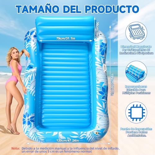 Miniatura 2 de Colmanda Colchonetas Piscina Adultos, Flotador Inflable Piscina Con Aspersor 210 130 Cm, Colchoneta Hinchable Piscina - Cojines Posavasos, Tanning Pool Piscina, Jardín, Césped, Playa Azul