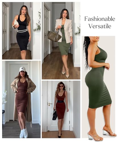 Popilush Tummy Control Dress for Women Shapewear Bodycon Midi Dresses Sleeveless V Neck Summer Party Sundresses2