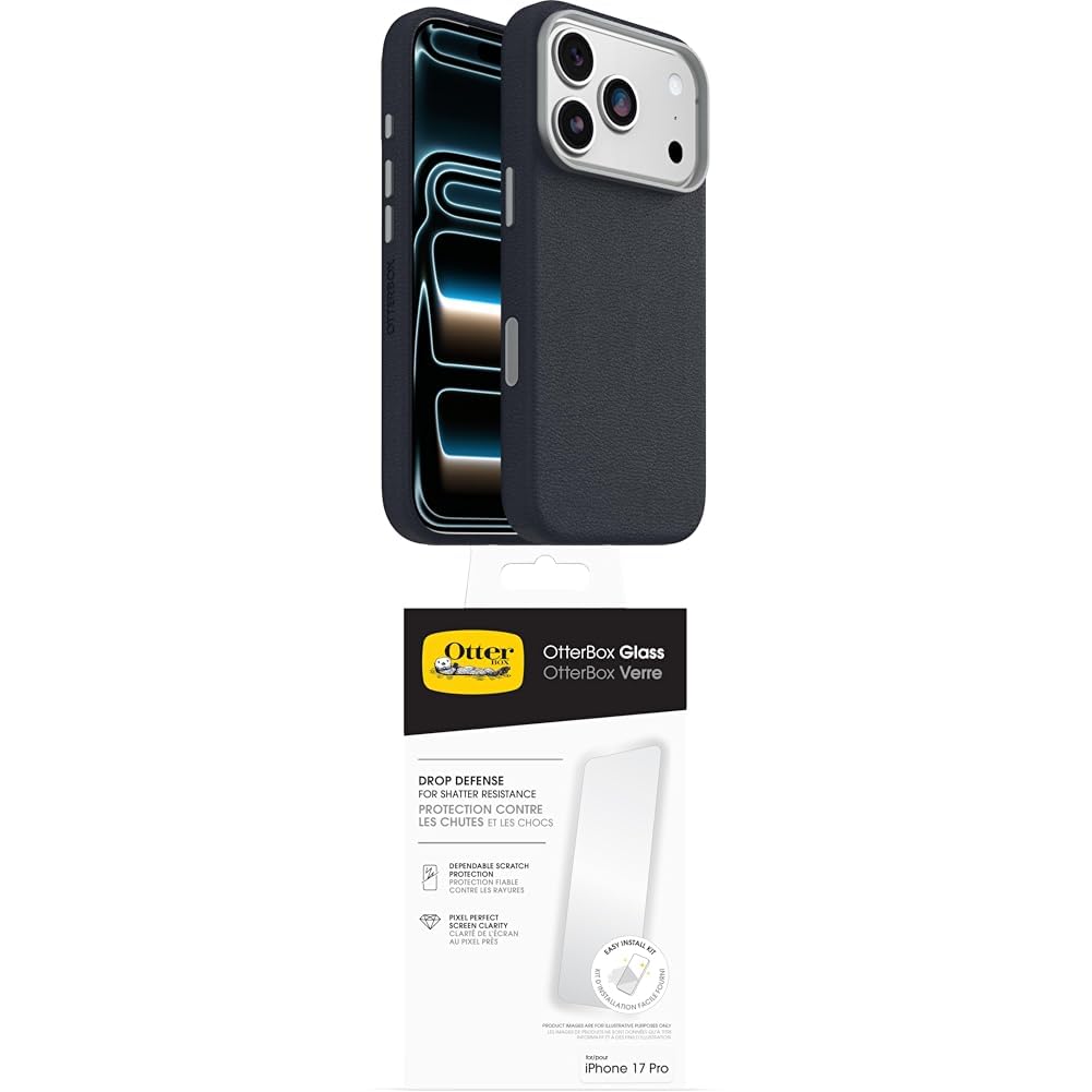 OtterBox Symmetry Series Cactus Leather MagSafe funda para iPhone 17 Pro, Testada 3x con estándares Militares anticaídas, Azul + OtterBox Glass Protector de Pantalla de Cristal Templado