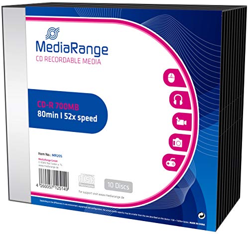 Velocità: fino a 52x MediaRange MR205 CD Vergine e Supporti di Memoria CD-R 700 MB/80 min 52x velocità Slimcase Pack 10