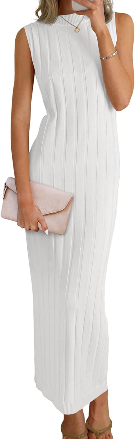 Wenrine Womens Sleeveless Sweater Dress Mock Neck Ribbed Knit Fall Tank Maxi Dresses