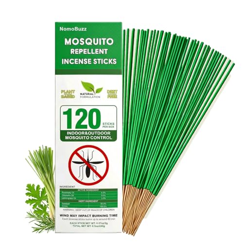 NomoBuzz Mosquito Repellent Incense Sticks 120 Count - DEET-Free Plant-Based with Citronella & Rosemary 60 Mins Long-Lasting Protection for Patio Backyard Camping Picnic