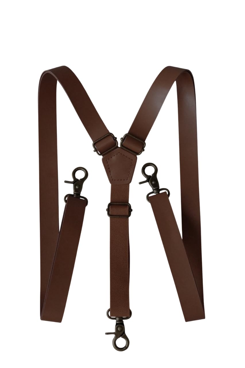 London Jae Apparel Brown Faux Leather Suspenders with Swivel Hooks - For Men up to 6'8" tall with Adjustable Leather Strap