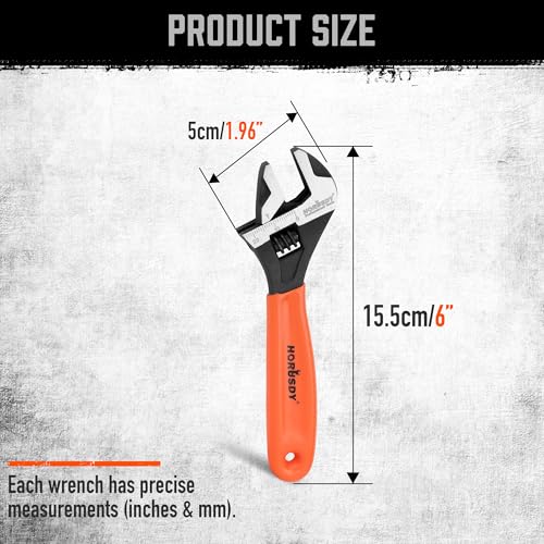 Image of HORUSDY 6 inch Adjustable Wrench Pipe Spanner: Wide Jaw Black Oxide Wrench With Cushion Grip, Laser Marked Metric & SAE Scales, CR-V Steel, for Professionals