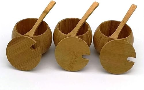 Miniatura 8 de Luxshiny Azucarero de bambú o tazón de especias con cuchara, contenedor de madera para condimentos, olla de sal de granja, plato de mantequilla,