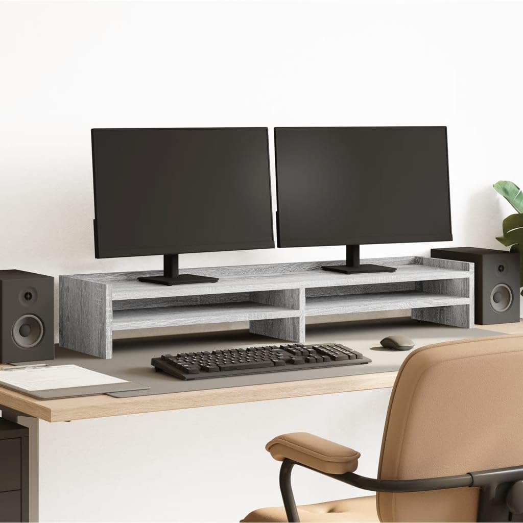 Supporto per monitor grigio Sonoma in legno 100 x 24 x 16 cm, per due monitor, 4 scomparti, portata 25 kg, supporto da scrivania per home office, ufficio e gaming