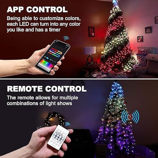 Christmas Tree String Lights Decorations with Ring Smart APP, 160 LED Waterfall Lights IP65 Waterproof Multi-Modes with Remote Color Changing Lights for Wedding Yard Party Home Holiday