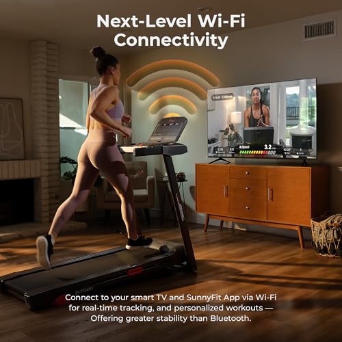 Image of Sunny Health & Fitness Smart Wi-Fi Treadmill w /Shock Absorption | 16 inch Running Surface, Shock Absorbing Deck, Screen Display, Wi-Fi Integration, SunnyFit App, Home Fitness Cardio