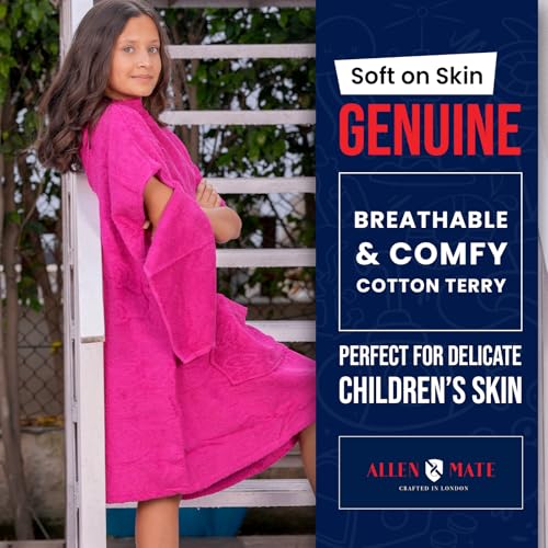 Image of ALLEN & MATE 100% Cotton Kids Hooded Surf Poncho Changing Robe, Quick Absorbent Wearable Swim Towel Boys & Girls, 6-13 Years