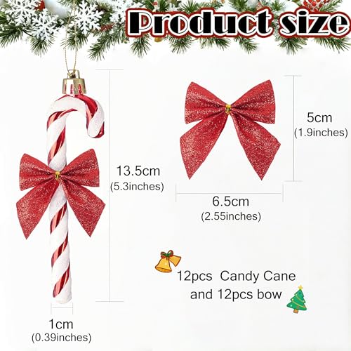 HERZWILD 12Pcs Candy Cane Christmas Decorations Plastic Candy Cane Christmas Glitter Candy Cane with Bow Tree Hanging Ornament (Red)