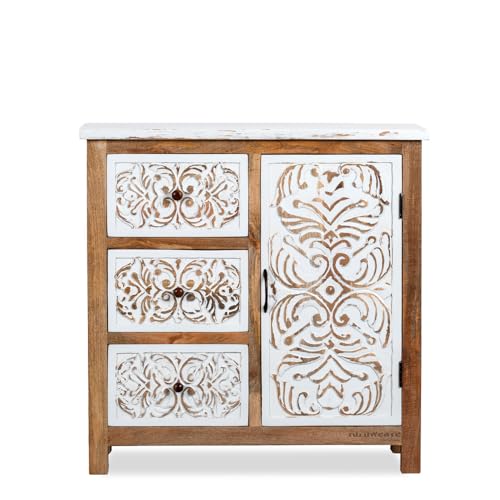 Image of Jika Wooden Sideboard Cabinet for Living Room | Carved Wooden Storage Cabinet for Home with Multiple Drawers | Handcrafted Solid Wood Cabinet for Storage Furniture for Home | White Distress