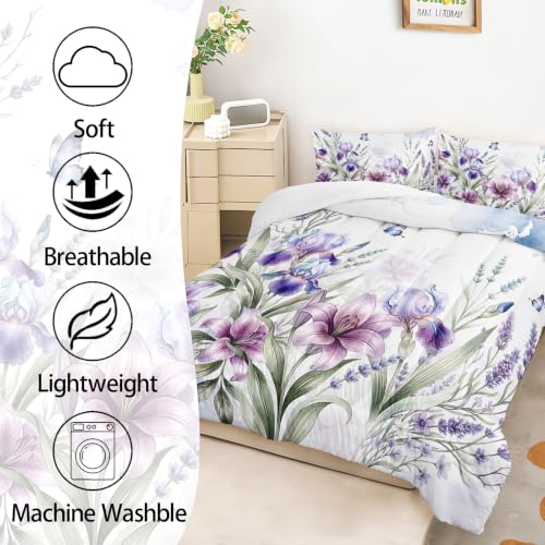 Image of AILONEN Purple Bloom Comforter Set Full Size, Lavender Butterfly Bedding Ensemble, Watercolor Garden Bedspread Quilt with 2 Pillowcases for Teen Room