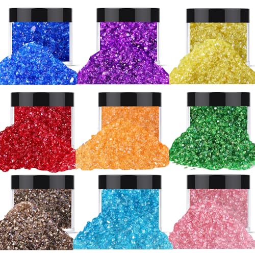 9 Box Transparent Broken Crushed Glass Glitter 6.4oz/180g Irregular Shards Metallic Crystal Chips 2-4mm Chunky Flakes Sequins Gravel for Epoxy Resin Craft Supplies Nail Art DIY